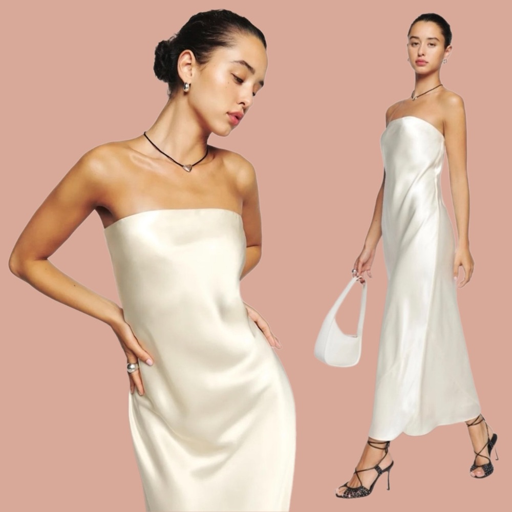 reformation • joana silk dress in ivory satin strapless column gown xl